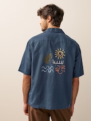Blue Short Sleeve Linen Blend Embroidered Shirt With Cuban Collar - Image 4 of 7