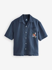 Blue Short Sleeve Linen Blend Embroidered Shirt With Cuban Collar - Image 5 of 7