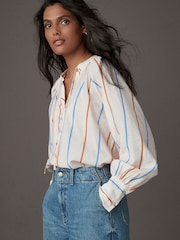 Ecru Stripe Tie Neck Long Sleeve Blouse - Image 1 of 7
