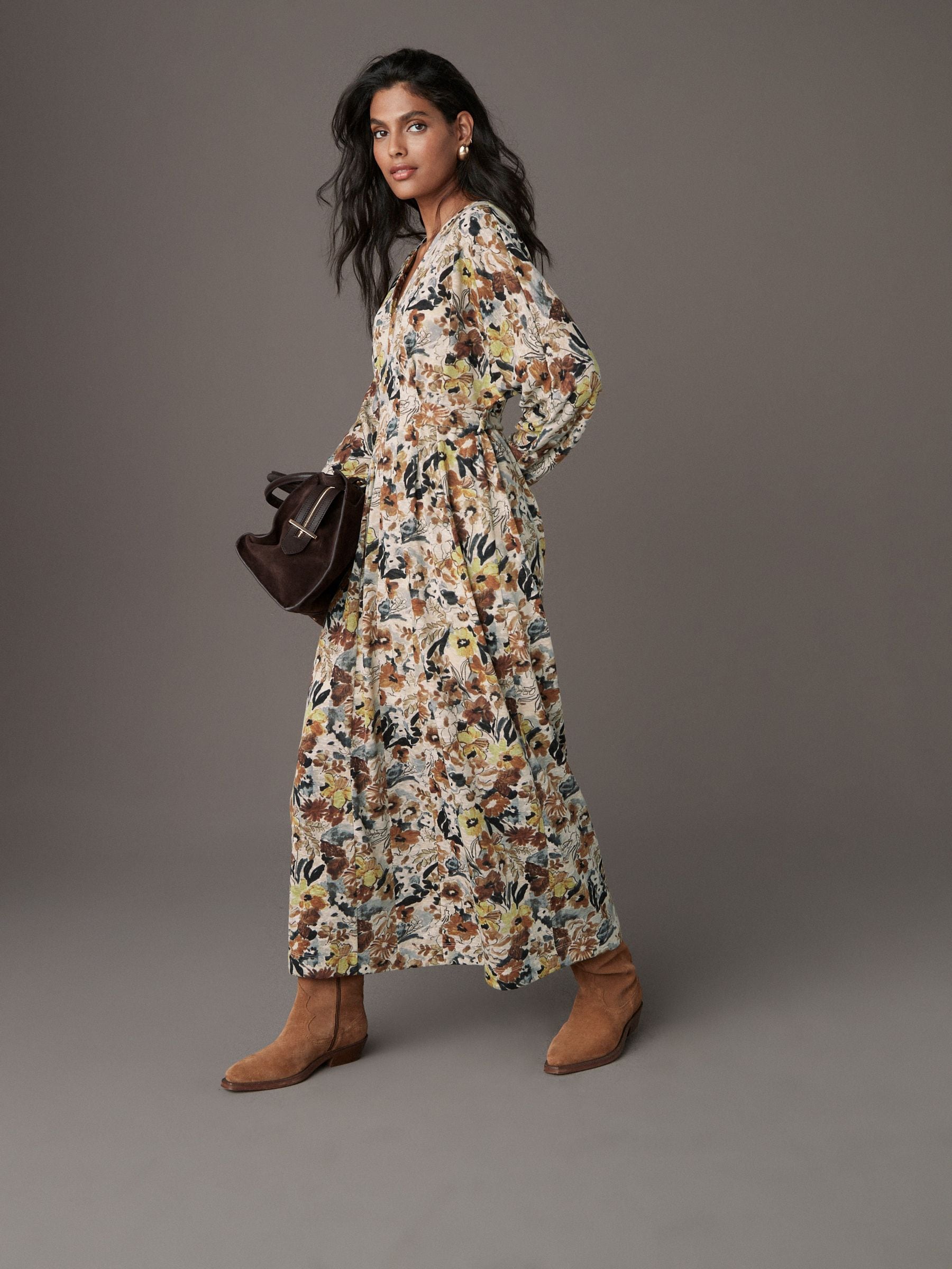 定率割引 西日本 Cream Buy Ditsy Midi Jersey Belted Boho V-Neck Print Floral ワンピース