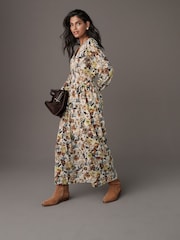 Cream Ditsy Floral Print V-Neck Boho Belted Jersey Midi Shirt Dress - Image 1 of 7