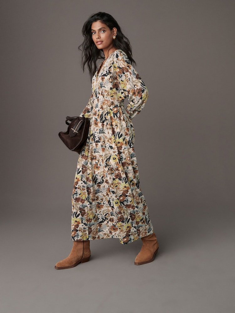 Cream Ditsy Floral Print V-Neck Boho Belted Jersey Midi Shirt Dress - Image 1 of 7