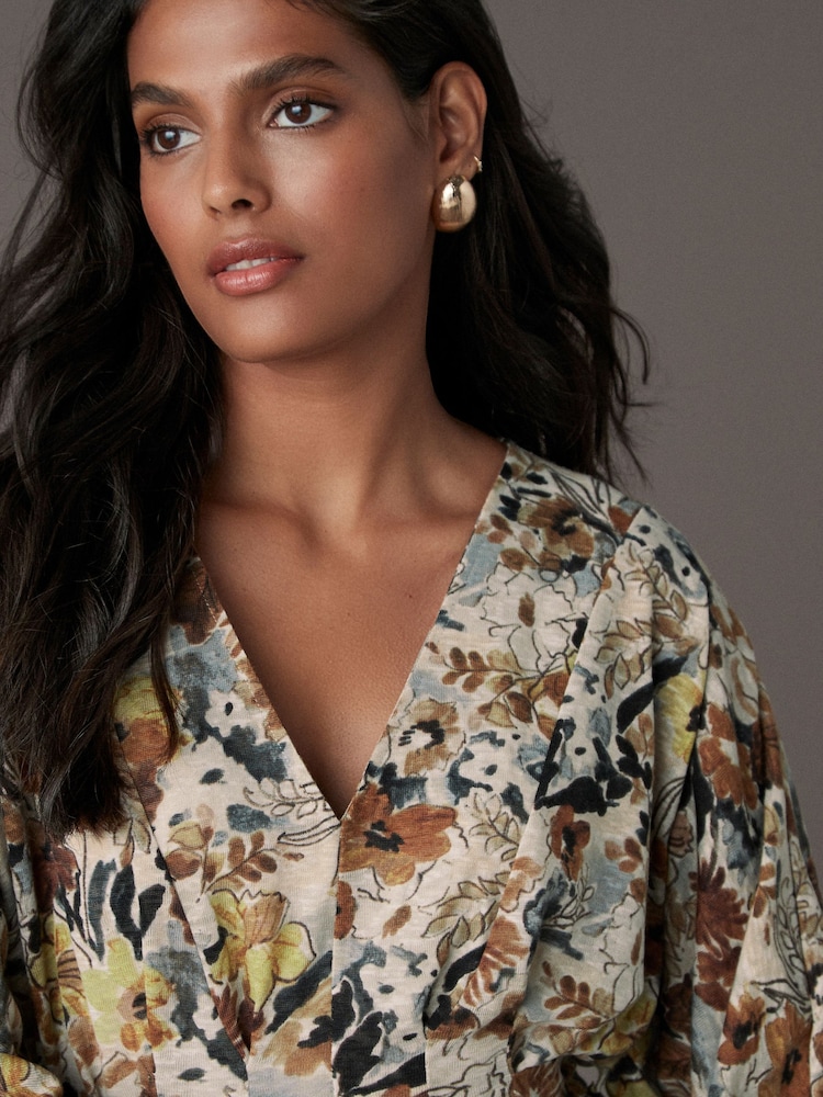 Cream Ditsy Floral Print V-Neck Boho Belted Jersey Midi Shirt Dress - Image 4 of 7