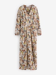 Cream Ditsy Floral Print V-Neck Boho Belted Jersey Midi Shirt Dress - Image 5 of 7