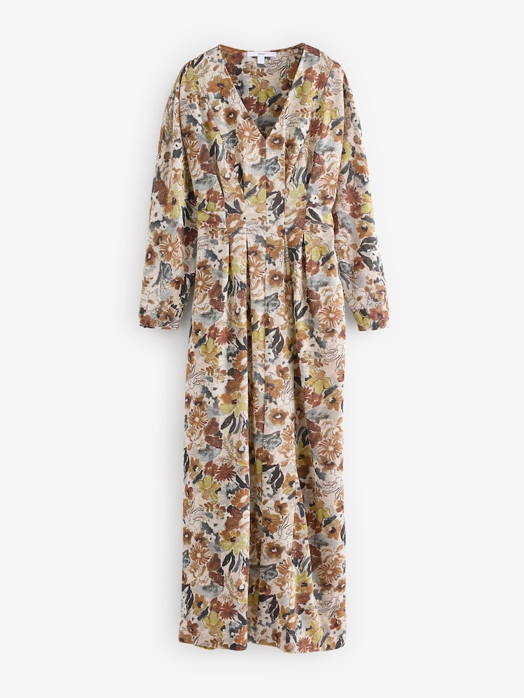 Cream Ditsy Floral Print V-Neck Boho Belted Jersey Midi Shirt Dress - Image 5 of 7