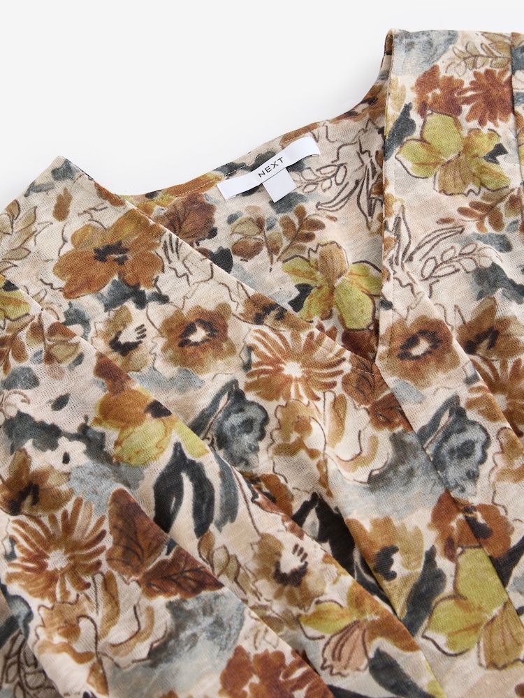Cream Ditsy Floral Print V-Neck Boho Belted Jersey Midi Shirt Dress - Image 7 of 7