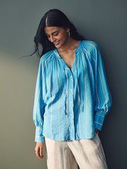 Blue Stripe Tie Neck Long Sleeve Blouse - Image 1 of 9