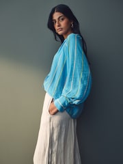 Blue Stripe Tie Neck Long Sleeve Blouse - Image 3 of 9