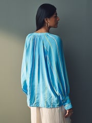 Blue Stripe Tie Neck Long Sleeve Blouse - Image 4 of 9