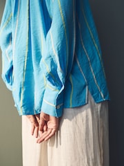Blue Stripe Tie Neck Long Sleeve Blouse - Image 5 of 9