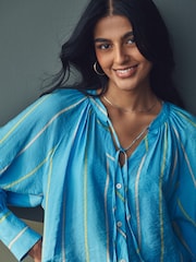 Blue Stripe Tie Neck Long Sleeve Blouse - Image 6 of 9