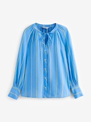 Blue Stripe Tie Neck Long Sleeve Blouse - Image 7 of 9
