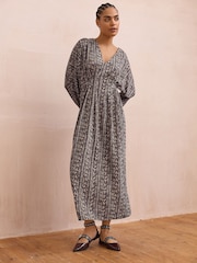 Wine and Cream Heart Print V-Neck Boho Belted Jersey Midi Shirt Dress - Image 1 of 7
