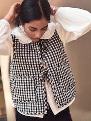 Black Gingham Padded Reversible Tie Front 100% Cotton Gilet - Image 1 of 9