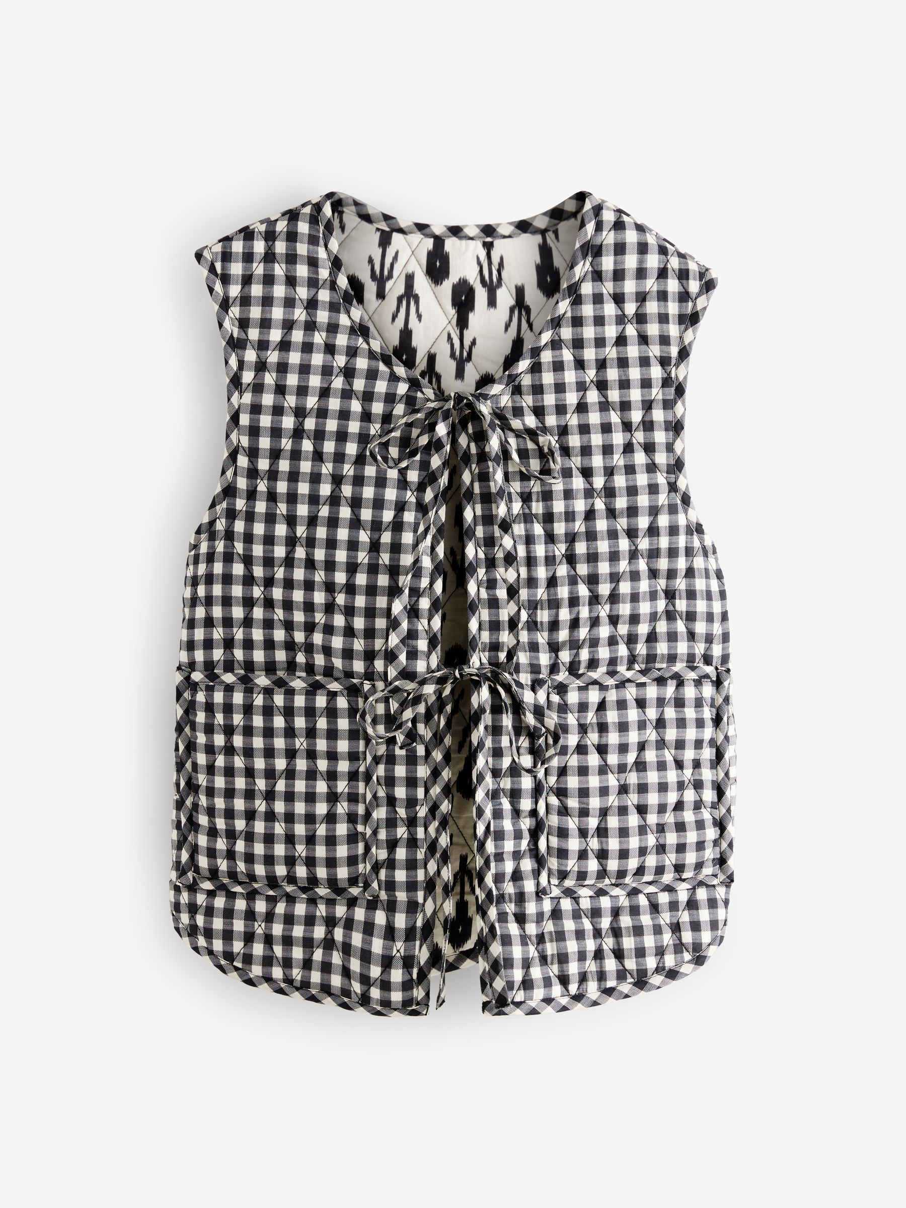 Buy Black Gingham Padded Reversible Tie Front 100% Cotton Gilet