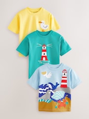 Blue/Yellow Seaside Short Sleeve Appliqué T-Shirts 3 Pack (3mths-7yrs) - Image 1 of 3