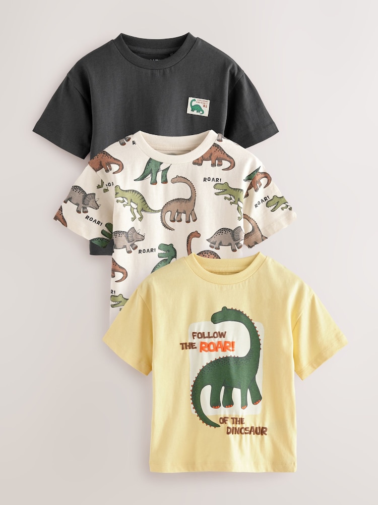 Monochrome/ Yellow Dinosaur Short Sleeve T-Shirts 3 Pack (3mths-7yrs) - Image 1 of 5
