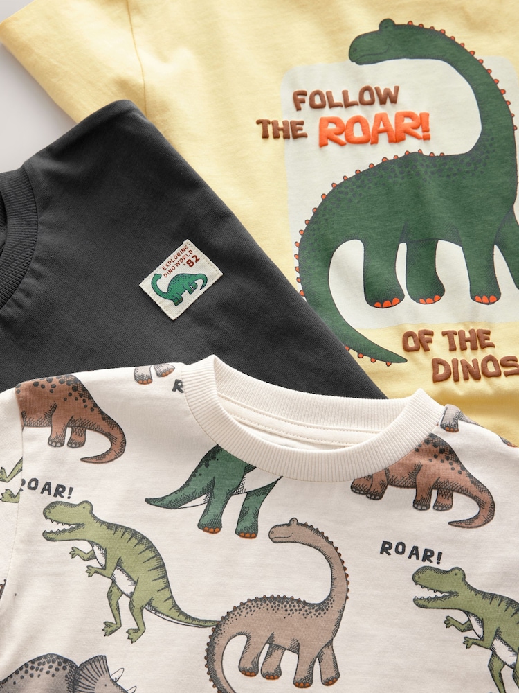 Monochrome/ Yellow Dinosaur Short Sleeve T-Shirts 3 Pack (3mths-7yrs) - Image 2 of 5
