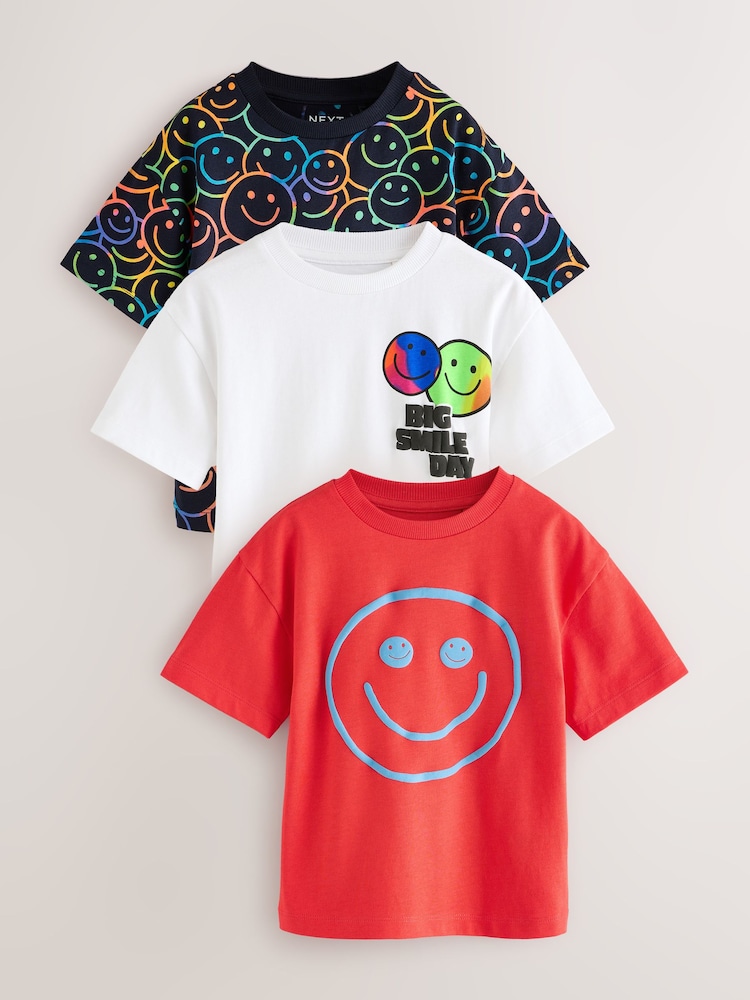 Multi Bright Happy Face Short Sleeve T-Shirts 3 Pack (3mths-7yrs) - Image 1 of 4