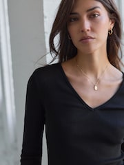 Black Long Sleeve Ribbed V-Neck Top - Image 1 of 7
