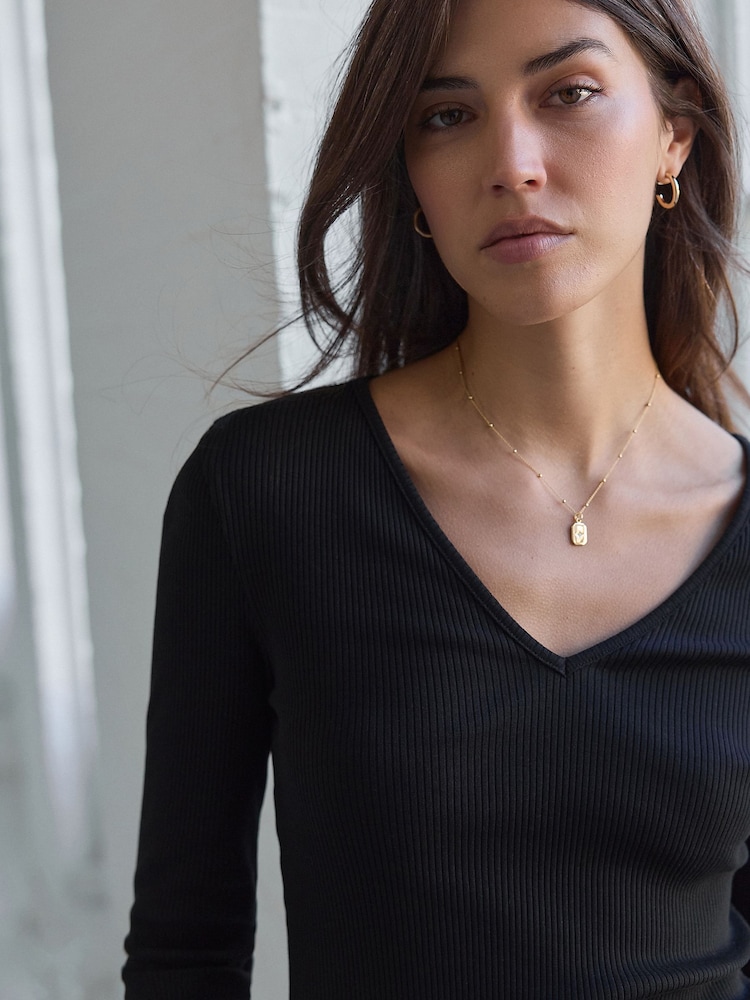Black Long Sleeve Ribbed V-Neck Top - Image 1 of 7