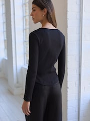 Black Long Sleeve Ribbed V-Neck Top - Image 3 of 7