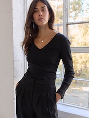 Black Long Sleeve Ribbed V-Neck Top - Image 4 of 7