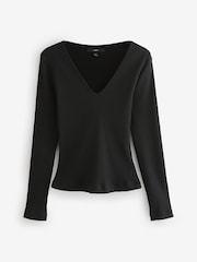 Black Long Sleeve Ribbed V-Neck Top - Image 5 of 7