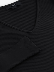 Black Long Sleeve Ribbed V-Neck Top - Image 6 of 7