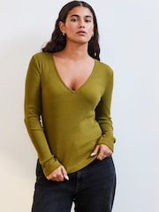 Olive Green Long Sleeve Ribbed V-Neck Top - Image 1 of 7