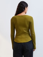 Olive Green Long Sleeve Ribbed V-Neck Top - Image 2 of 7