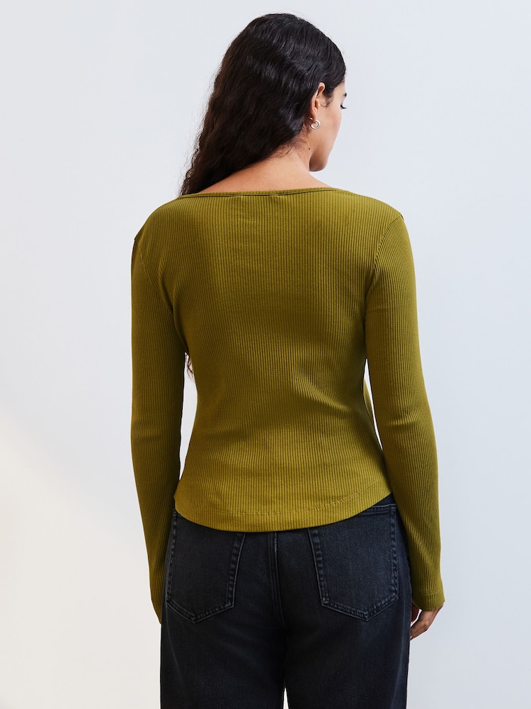 Olive Green Long Sleeve Ribbed V-Neck Top - Image 2 of 7
