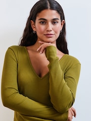 Olive Green Long Sleeve Ribbed V-Neck Top - Image 3 of 7