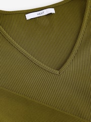 Olive Green Long Sleeve Ribbed V-Neck Top - Image 7 of 7