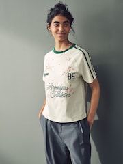 Ecru Graphic Brooklyn Embroidered Floral Football Jersey Inspired Crew Neck Short Sleeve Cotton Graphic T-Shirt - Image 1 of 9