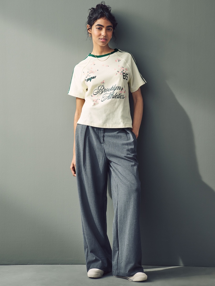 Ecru Graphic Brooklyn Embroidered Floral Football Jersey Inspired Crew Neck Short Sleeve Cotton Graphic T-Shirt - Image 2 of 9