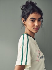 Ecru Graphic Brooklyn Embroidered Floral Football Jersey Inspired Crew Neck Short Sleeve Cotton Graphic T-Shirt - Image 4 of 9