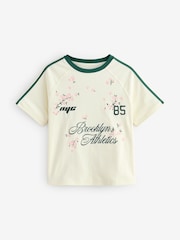 Ecru Graphic Brooklyn Embroidered Floral Football Jersey Inspired Crew Neck Short Sleeve Cotton Graphic T-Shirt - Image 7 of 9