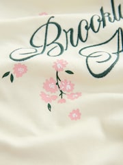 Ecru Graphic Brooklyn Embroidered Floral Football Jersey Inspired Crew Neck Short Sleeve Cotton Graphic T-Shirt - Image 9 of 9