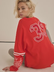 Red 100% Cotton Seam Detail Long Sleeve Skater T-Shirt - Image 1 of 4