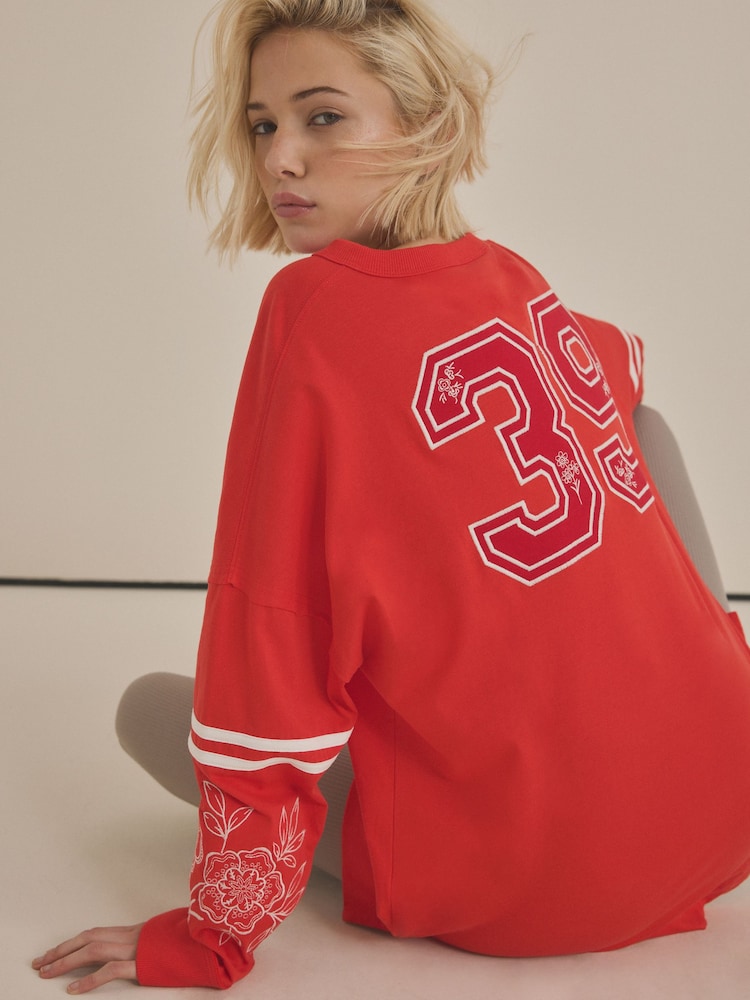 Red 100% Cotton Seam Detail Long Sleeve Skater T-Shirt - Image 1 of 4