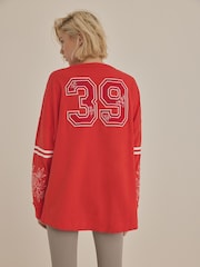 Red 100% Cotton Seam Detail Long Sleeve Skater T-Shirt - Image 3 of 4