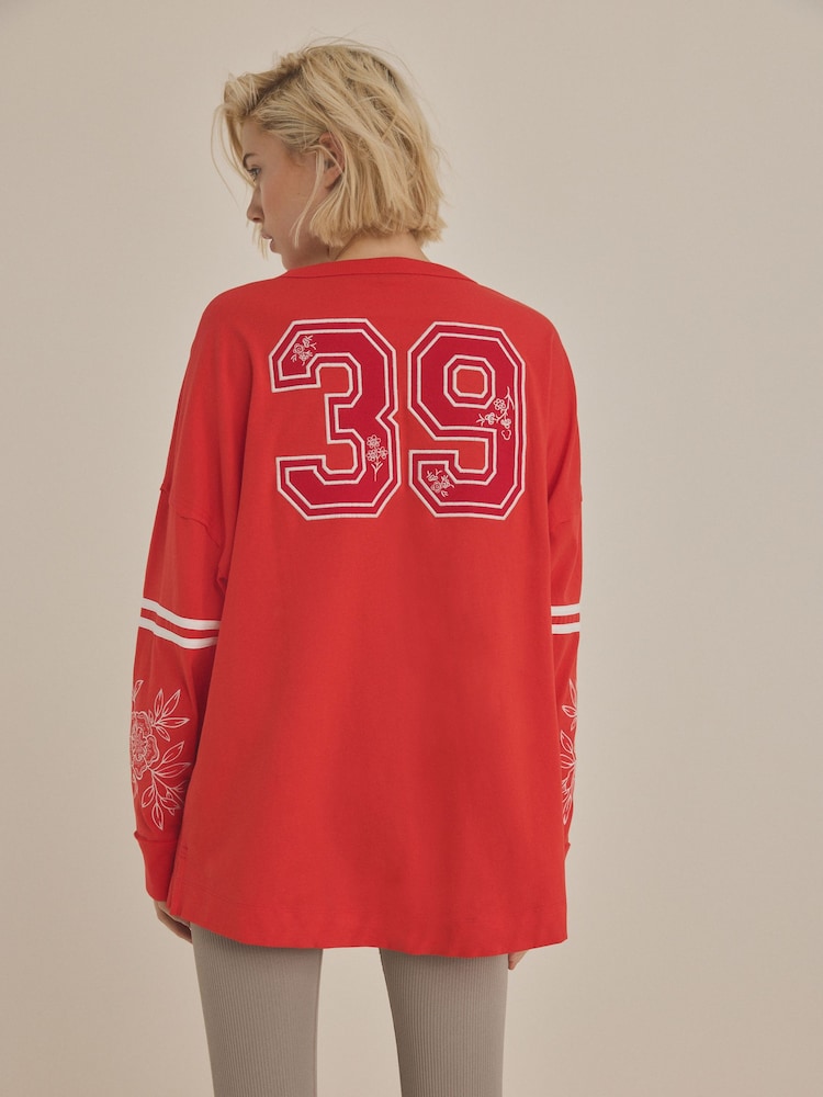 Red 100% Cotton Seam Detail Long Sleeve Skater T-Shirt - Image 3 of 4