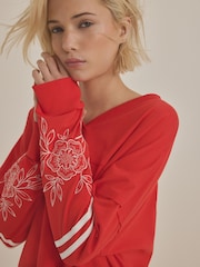 Red 100% Cotton Seam Detail Long Sleeve Skater T-Shirt - Image 4 of 4