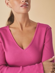 Raspberry Pink Long Sleeve Ribbed V-Neck Top - Image 4 of 7