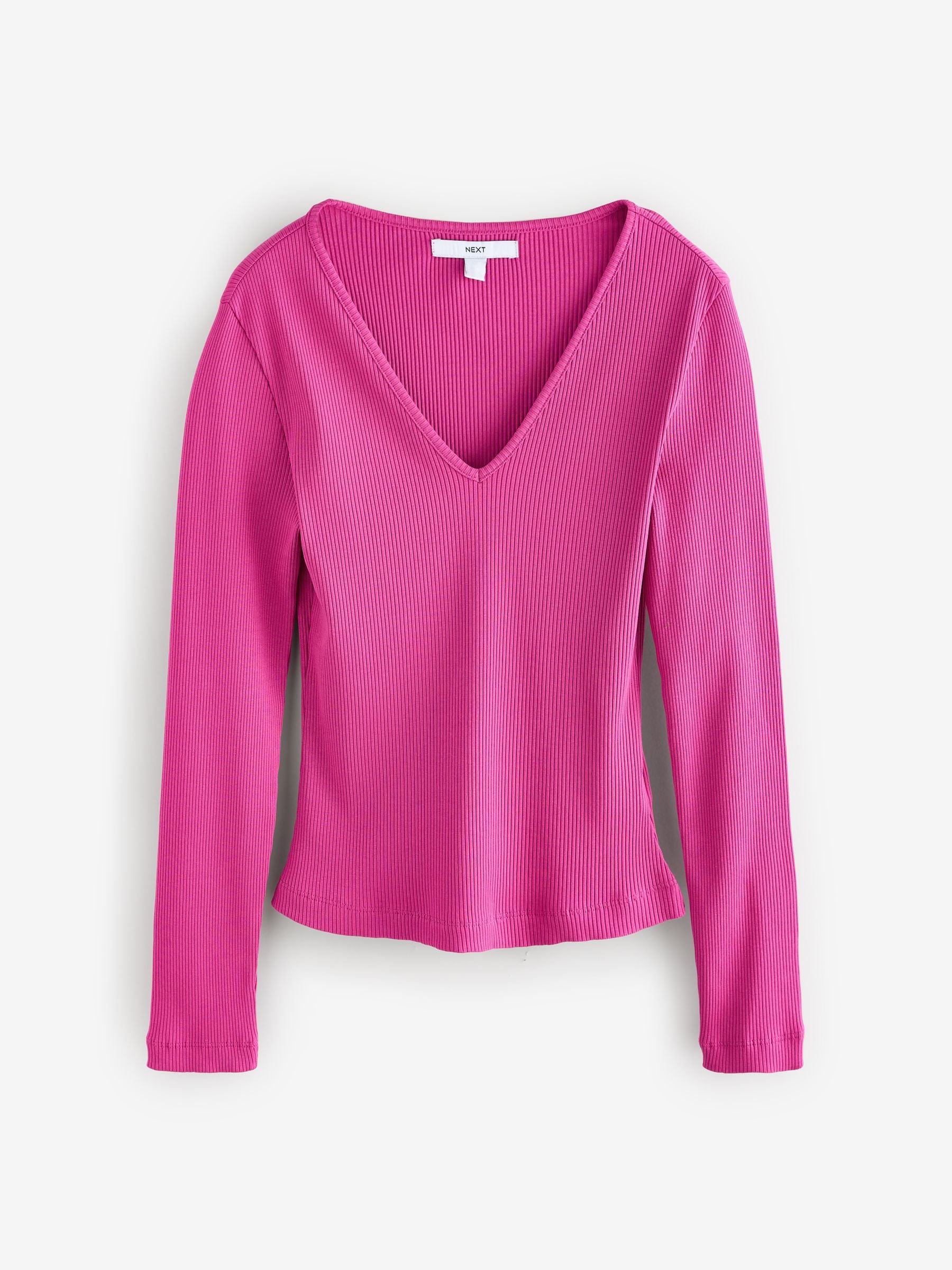 Buy Raspberry Pink Long Sleeve Ribbed V-Neck Top from Next USA