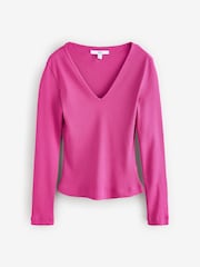 Raspberry Pink Long Sleeve Ribbed V-Neck Top - Image 5 of 7