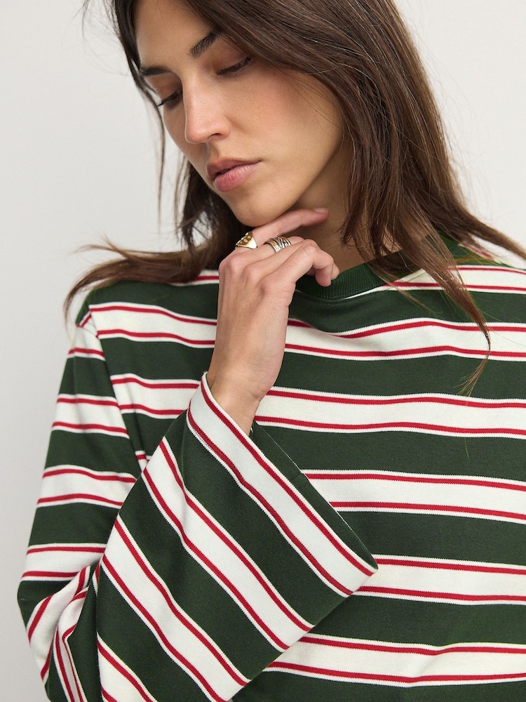Red/Green 100% Cotton Long Sleeve Stripe T-Shirt - Image 1 of 8