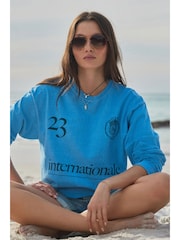 Синий - Спортивная футболка из 100% хлопка с длинными рукавами и принтом Football-Inspir - Image 1 of 4