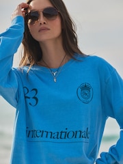 Синий - Спортивная футболка из 100% хлопка с длинными рукавами и принтом Football-Inspir - Image 4 of 4